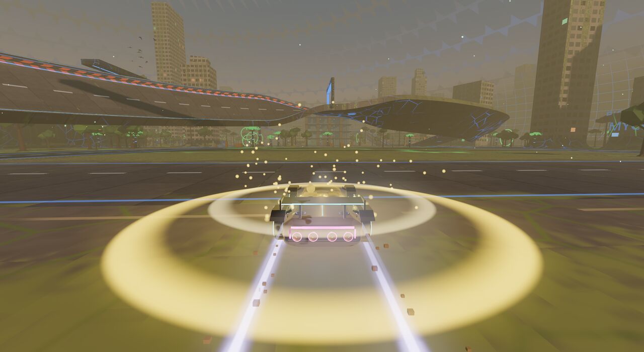 The car landing a perfect barrel roll on the SKYWAY, a golden ring of air flowing back into its tanks